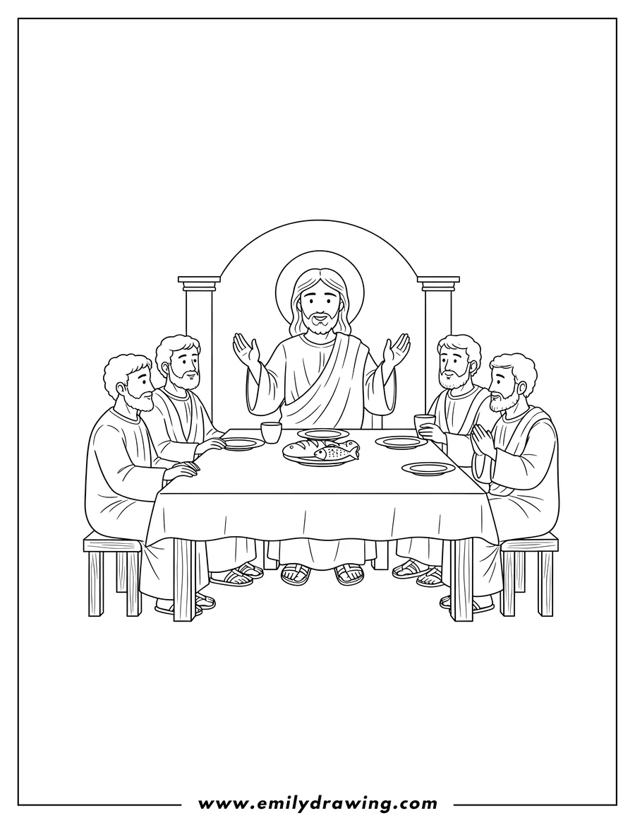 Free to print drawing of divine Jesus with disciples at a table, blessing a meal