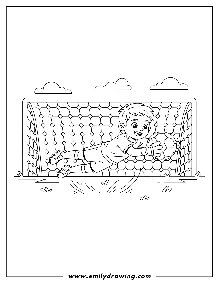 Doodle style coloring picture of diving Soccer Goalkeeper Catching Ball