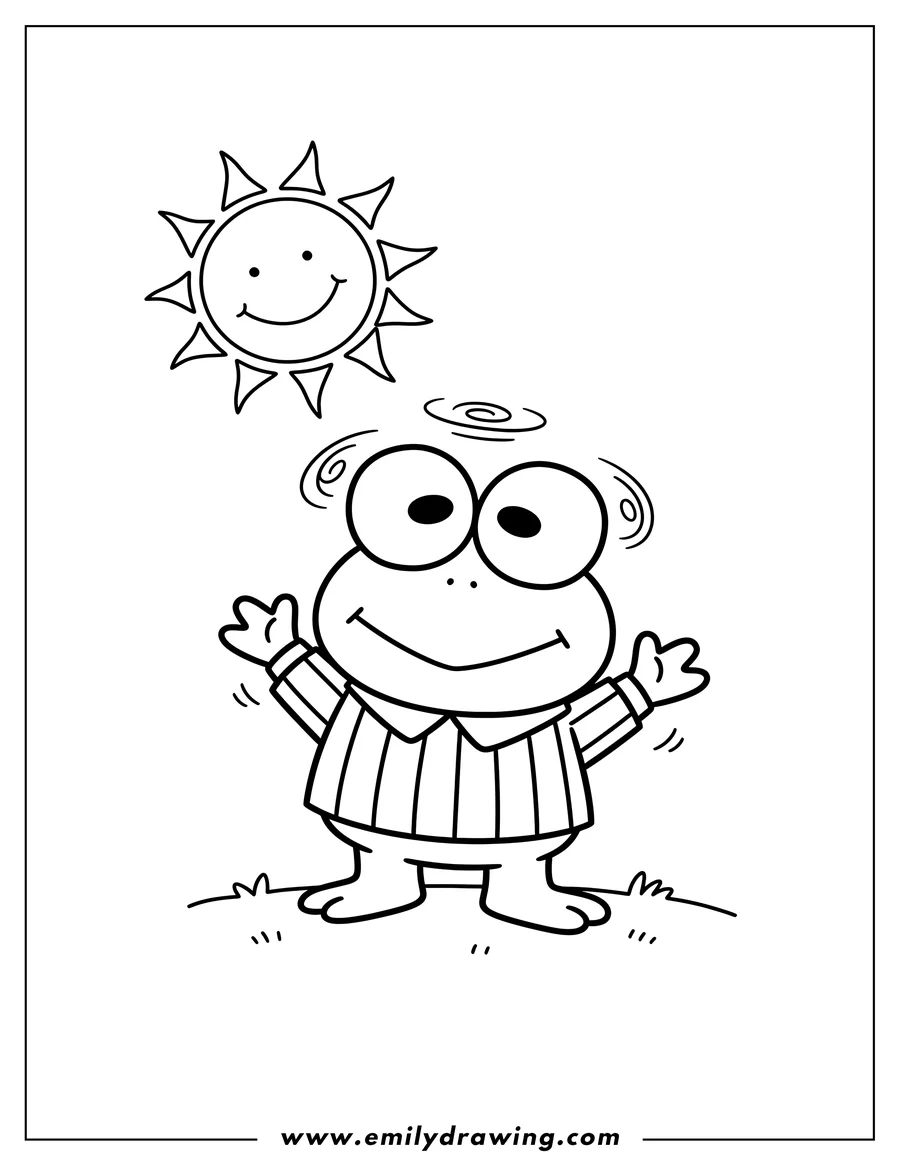 Simple sketch of dizzy Keroppi in striped shirt with hands up, standing under a sun to color