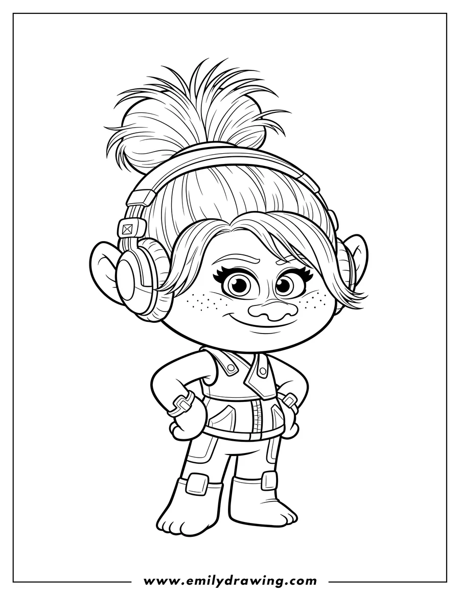 Free to print drawing of dj Suki Troll wearing headphones, smirking, and standing with hands on hips