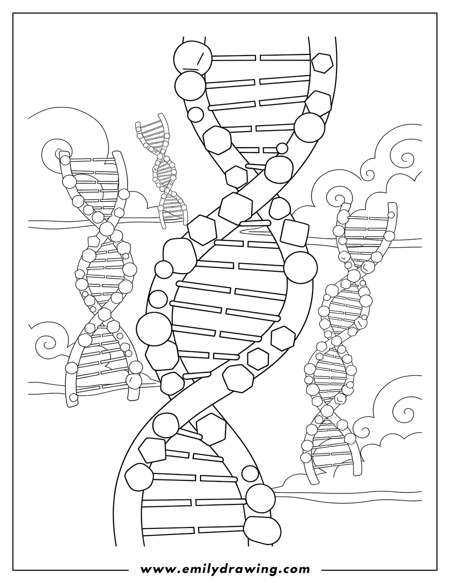 Coloring sheet featuring dna Strands of various sizes with molecular structures