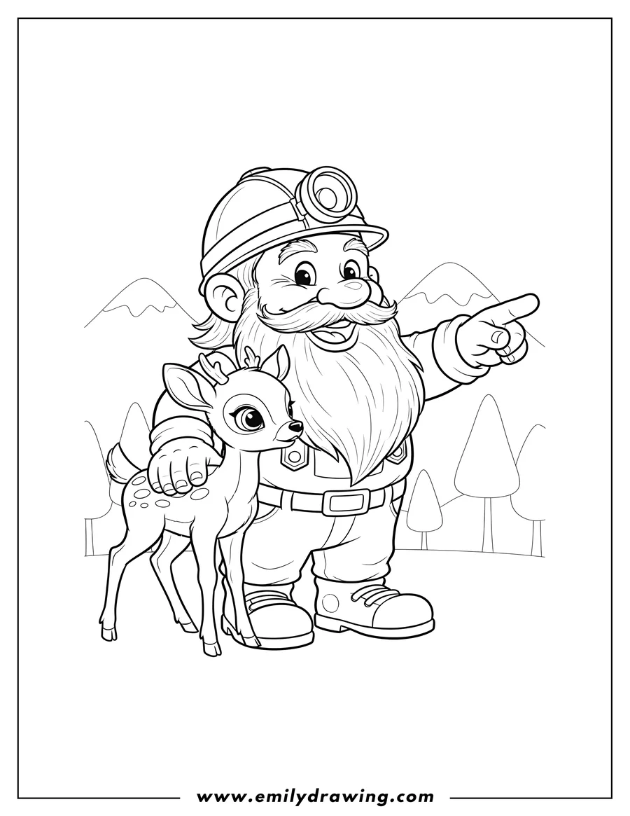 PDF style coloring page: doc Dwarf smiling and pointing with a fawn