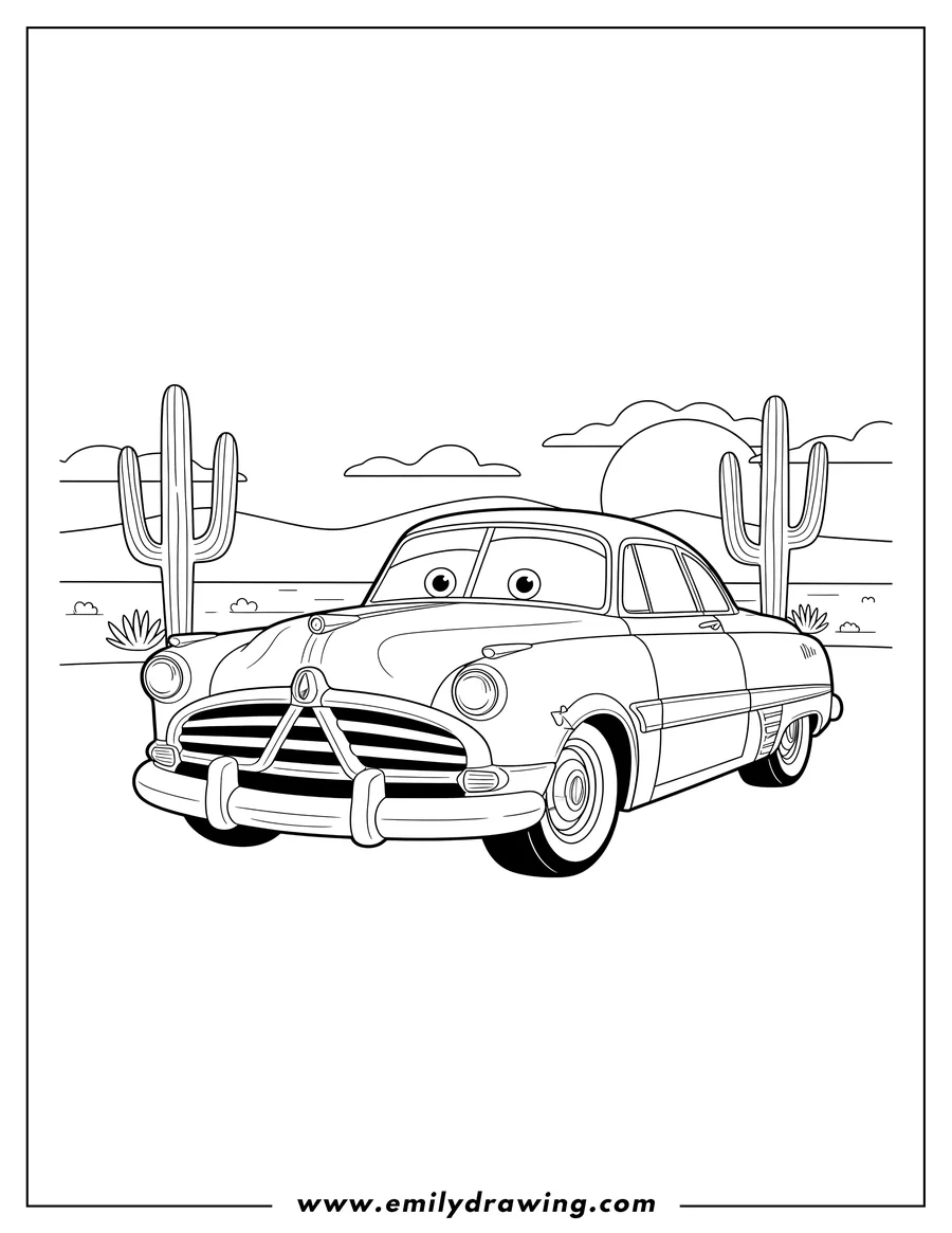 Vector style outline of doc Hudson Desert Colorig, featuring the Fabulous Hudson Hornet with eyes