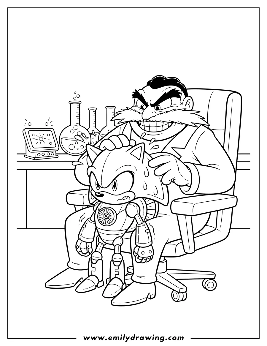 Coloring page for kids: doctor Eggman with an evil grin, petting a nervous and sweating Metal Sonic in a laboratory