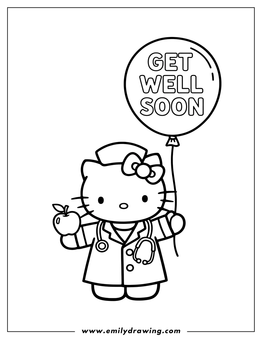 Vector style outline of doctor Hello Kitty wearing a stethoscope and holding an apple, with a Get Well Soon balloon