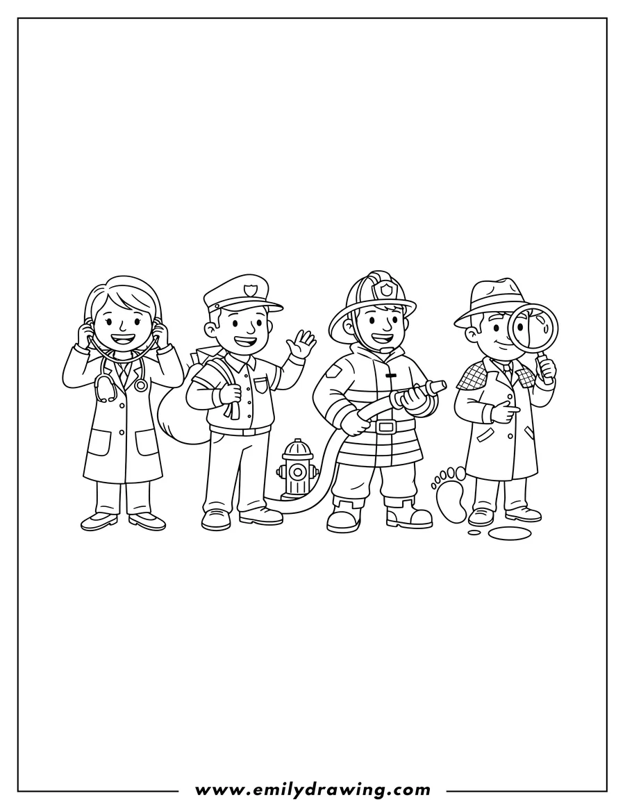 Coloring page for kids: community Helpers coloring page with a doctor with a stethoscope, a mailman with a mailbag, a firefighter with a hose, and a detective with a magnifying glass