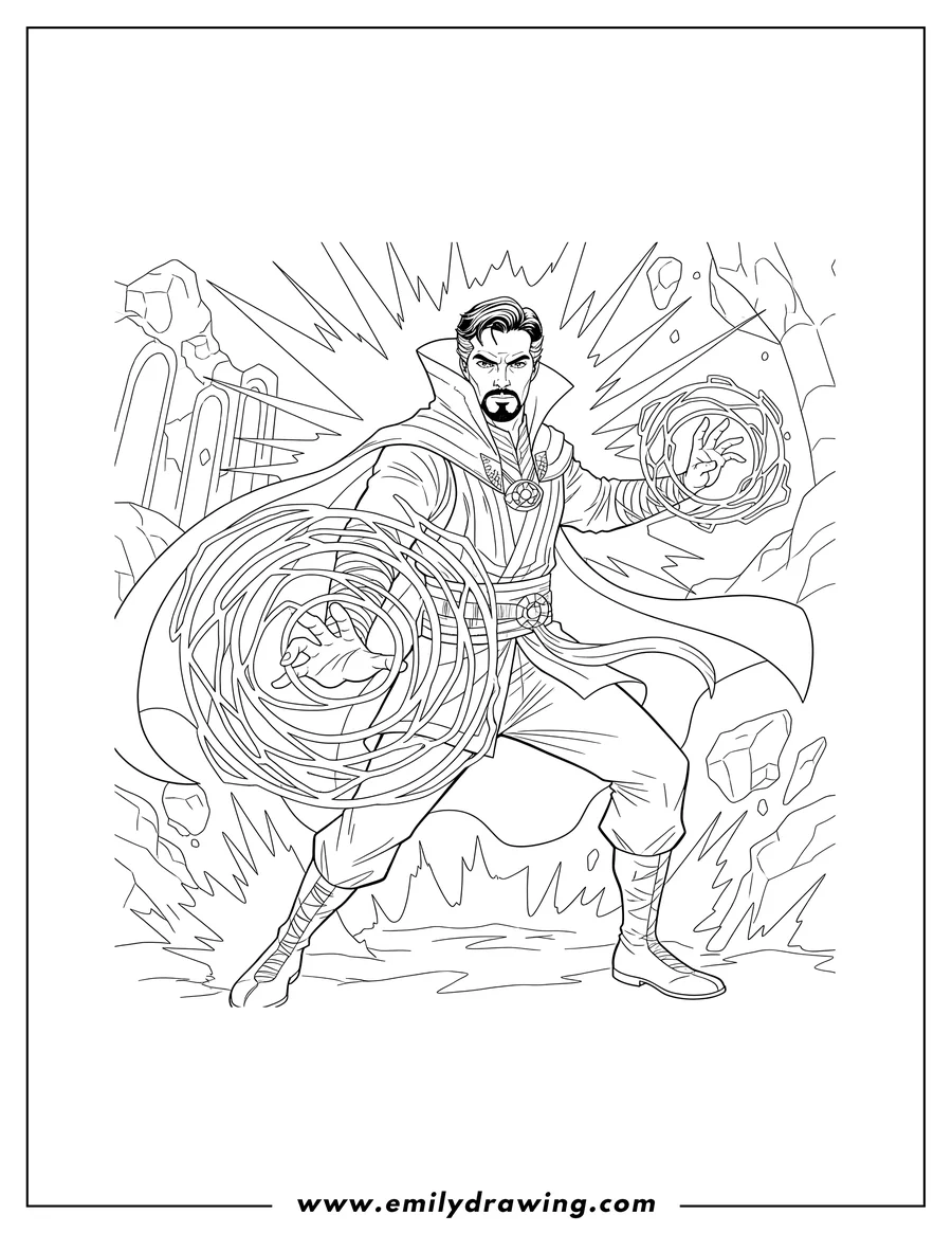 PDF style coloring page: doctor Strange Battle, casting a spell