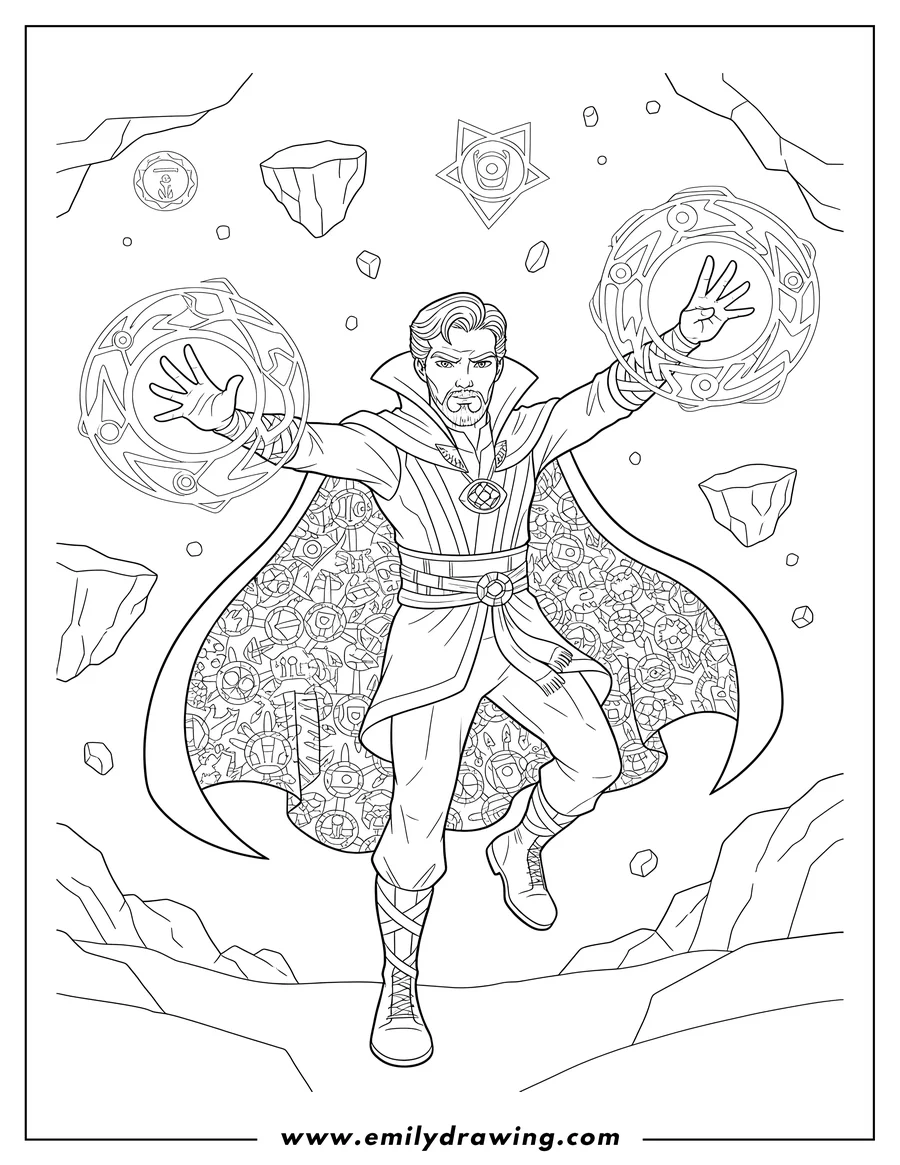 Coloring page of doctor Strange Superhero casting a magic spell