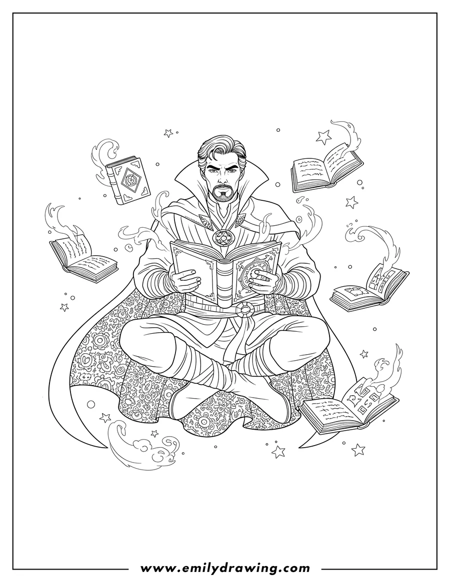 High quality printable doctor Strange sitting cross-legged, floating, holding an open book, with magical books around him for coloring