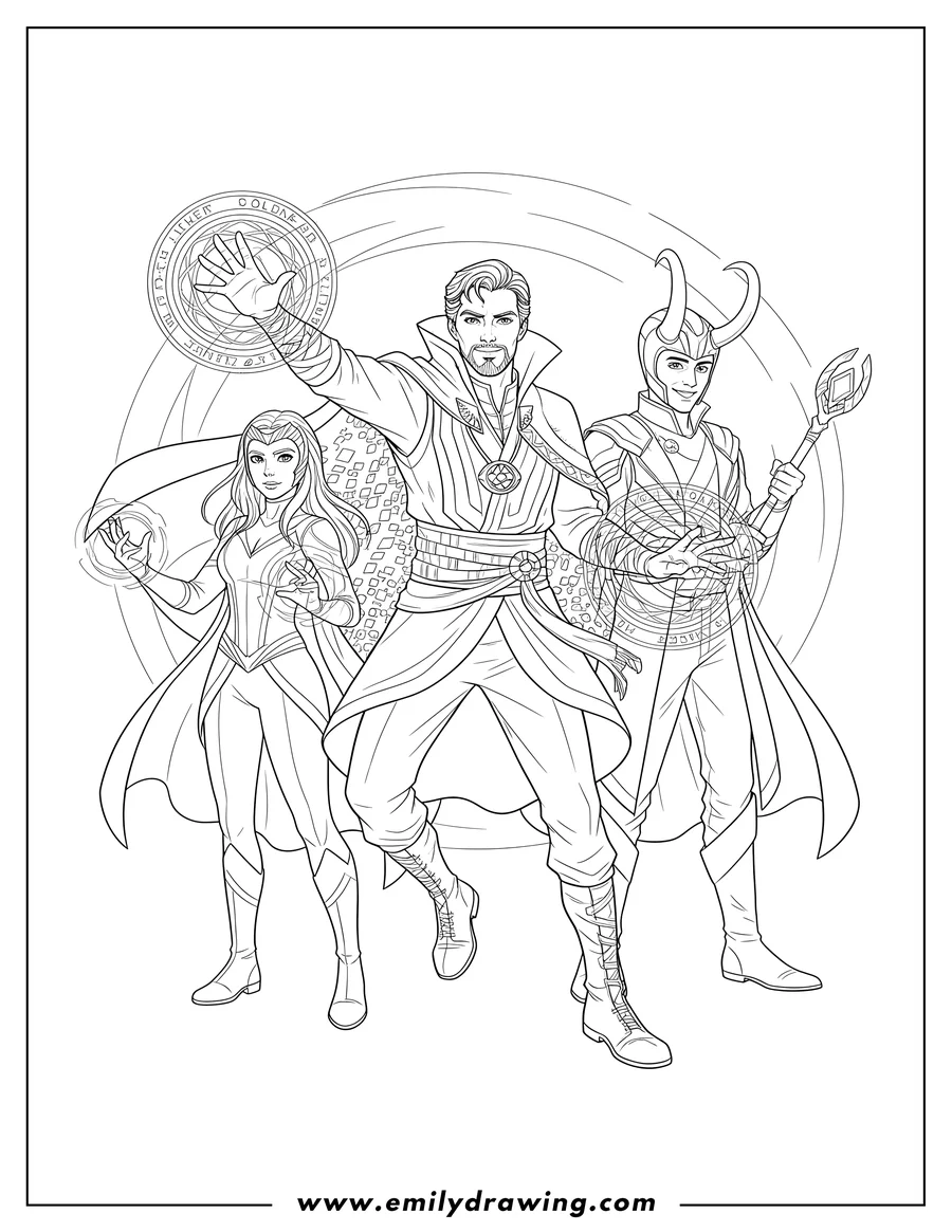 Free printable coloring sheet of doctor Strange casting a spell, joined by Wanda and Loki