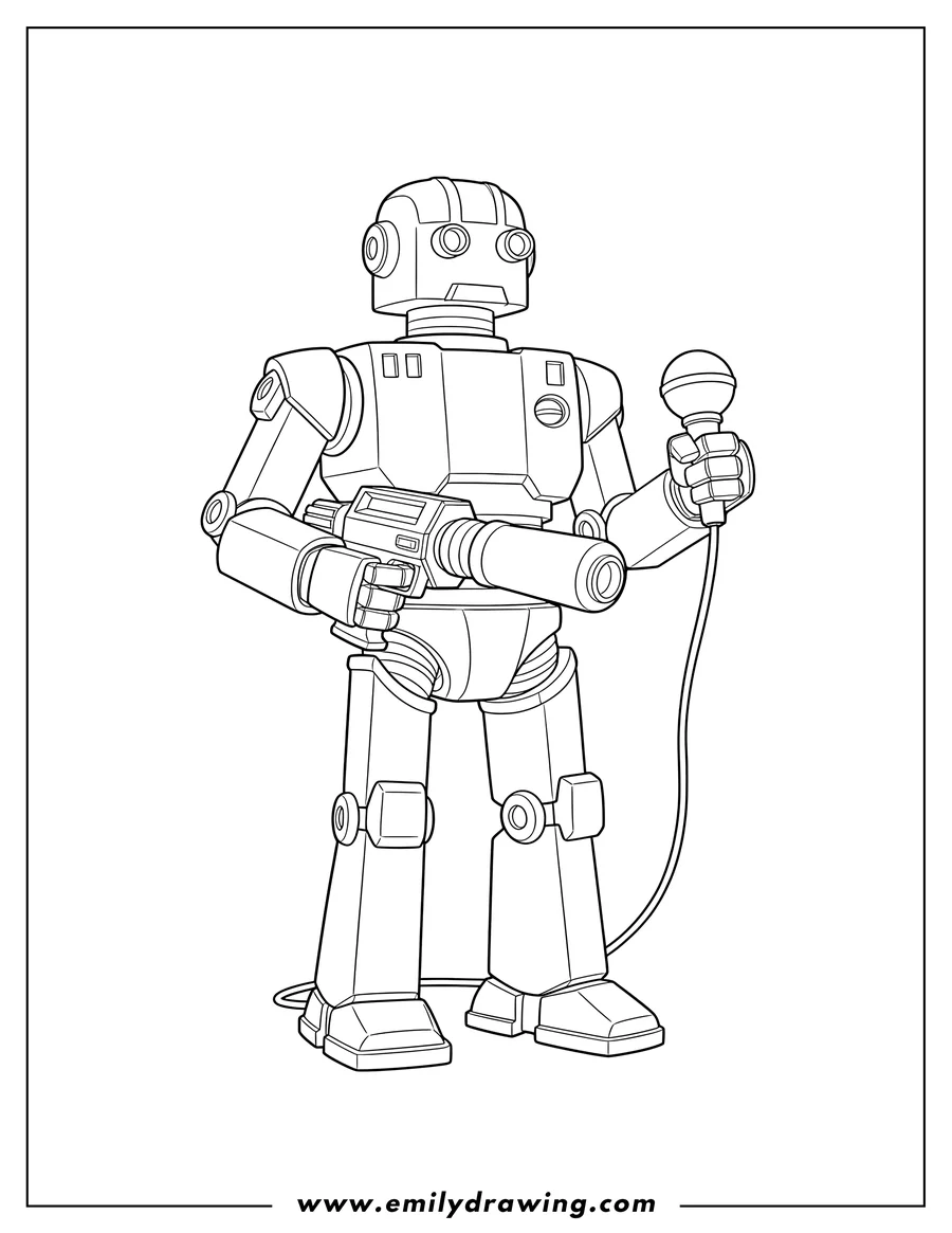 PDF style coloring page: doctor Who Giant Robot K1 standing, holding a gun and a microphone