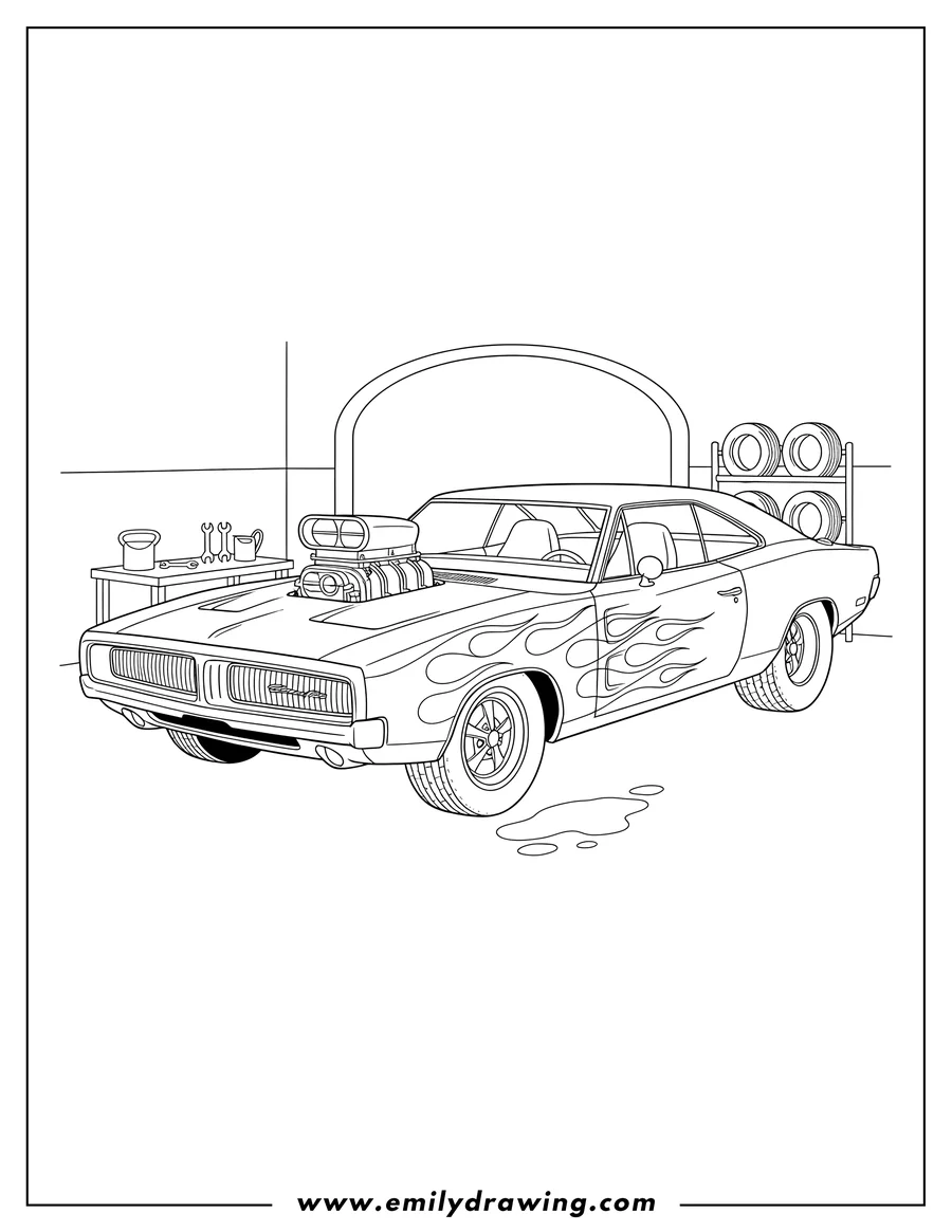 Coloring sheet featuring dodge Charger Hot Rod with Supercharger and Flames in a Garage
