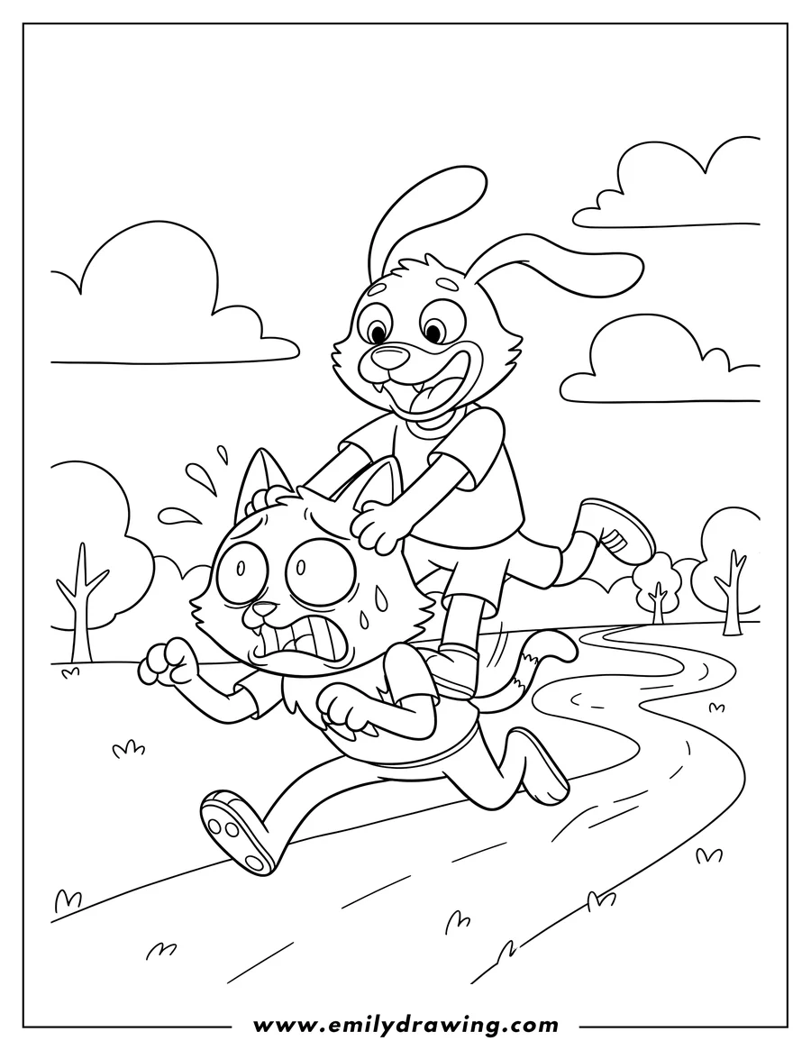 Printable coloring page of happy Dogday riding on a scared Catnap's running back