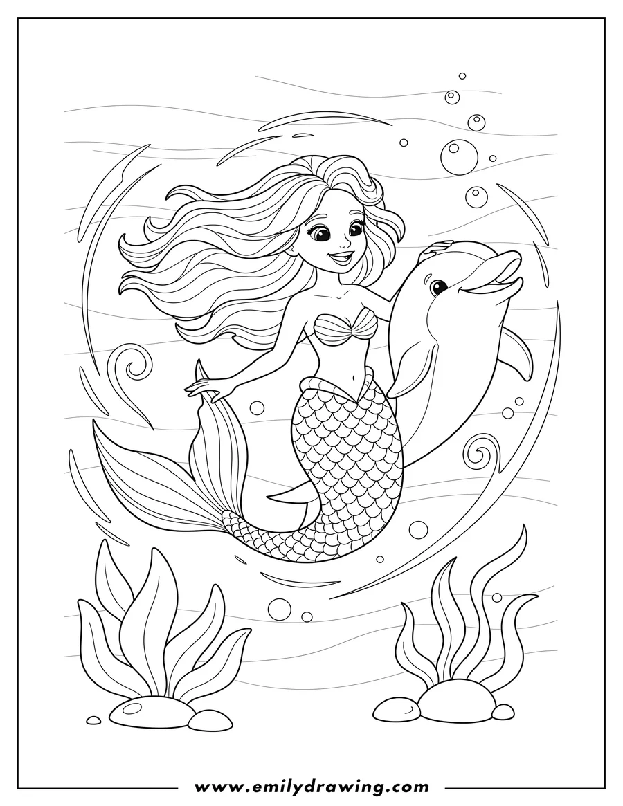 Free to print drawing of dolphin And Mermaid Scaled, swimming happily together