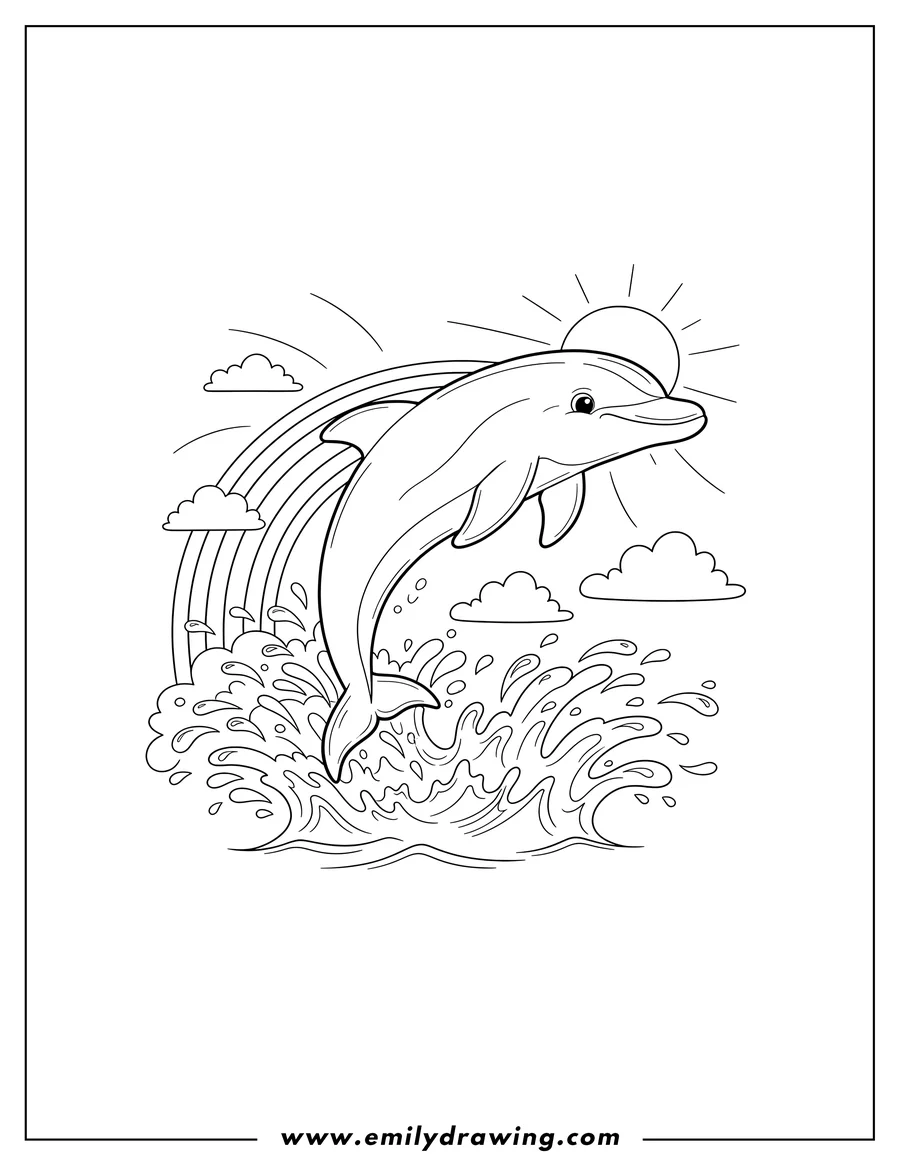 Clean line drawing: dolphin Leaping Out Water with splashes and a rainbow, To Color Scaled