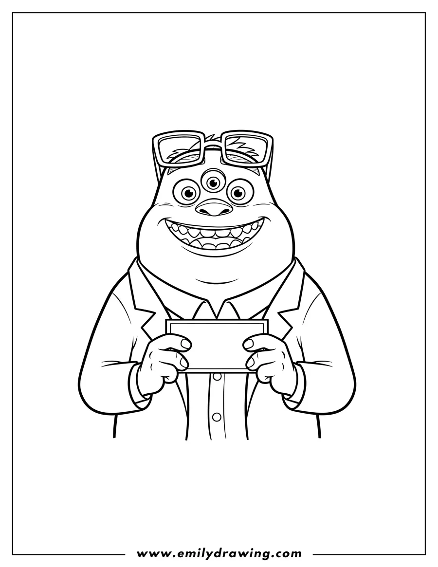 PDF style coloring page: don Carlton from Monsters University smiling, wearing glasses on his head, and holding a card