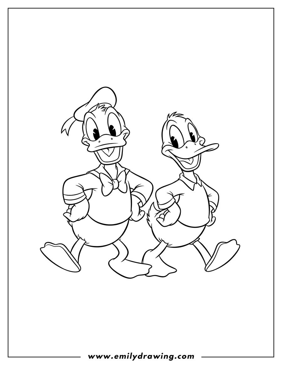 PDF style coloring page: donald Duck and Daffy Duck smiling and walking together