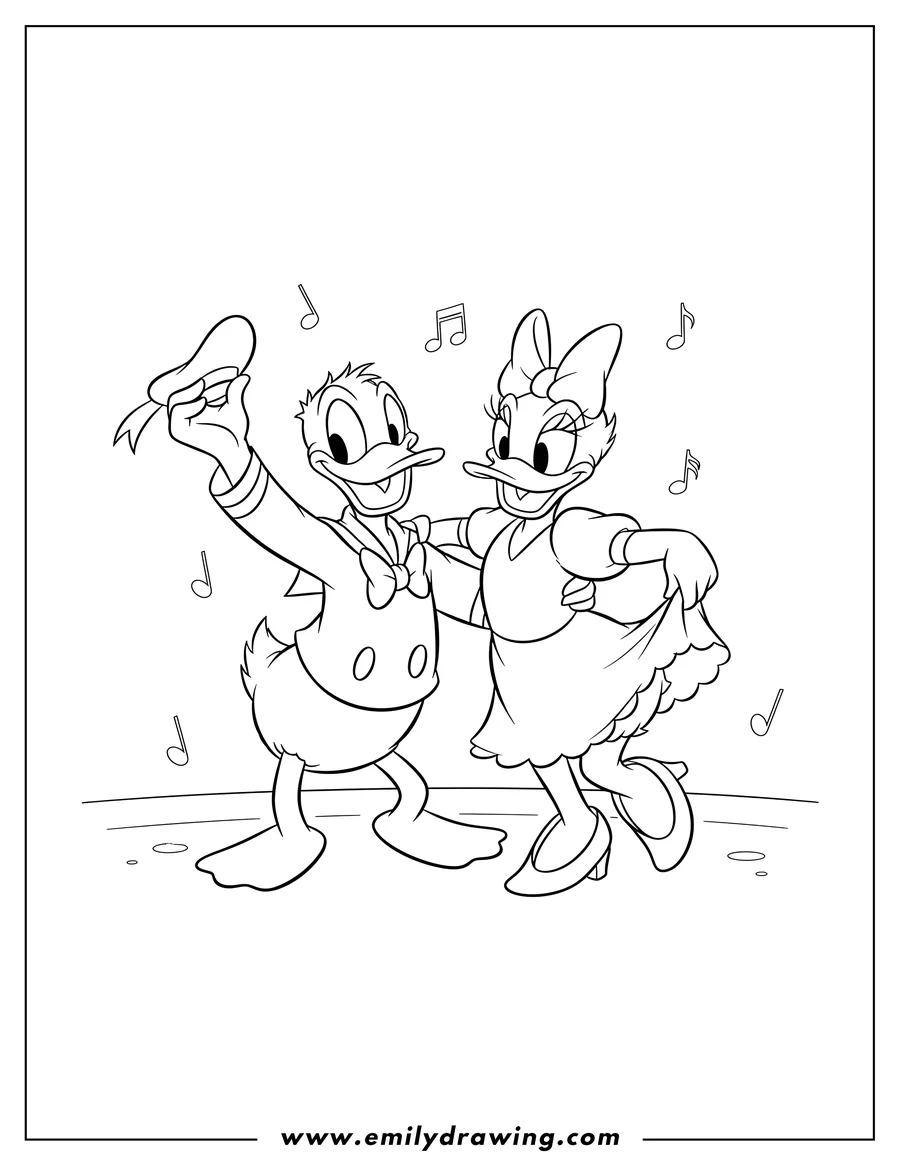 Full page coloring image of donald Duck and Daisy Duck dancing, with Donald holding his hat