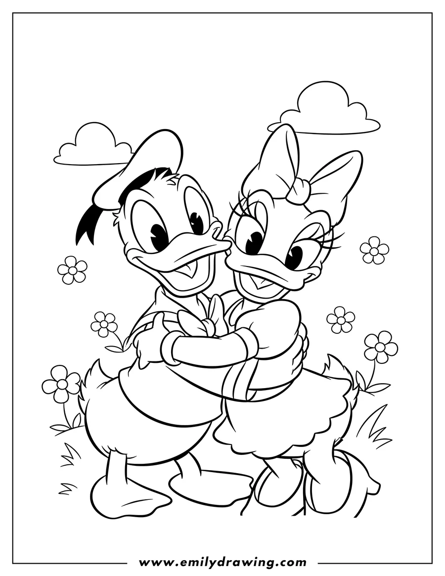 Vector style outline of donald Duck And Daisy Duck Love, hugging and smiling