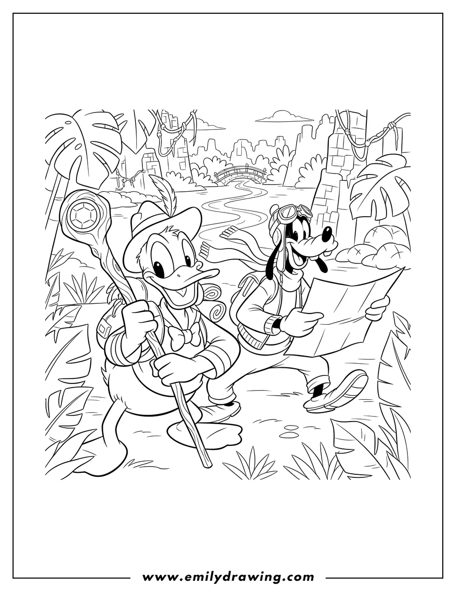 High quality printable donald Duck and Goofy on an adventure, Donald holding a staff and Goofy in pilot gear for coloring