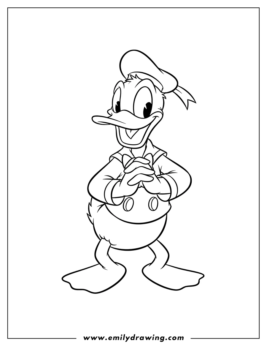Coloring page for kids: donald Duck Disney, grinning with hands clasped