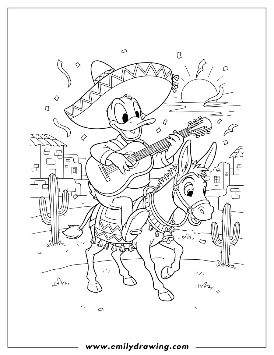 Black and white line art of donald Duck wearing a sombrero, playing guitar, and riding a donkey on Cinco de Mayo