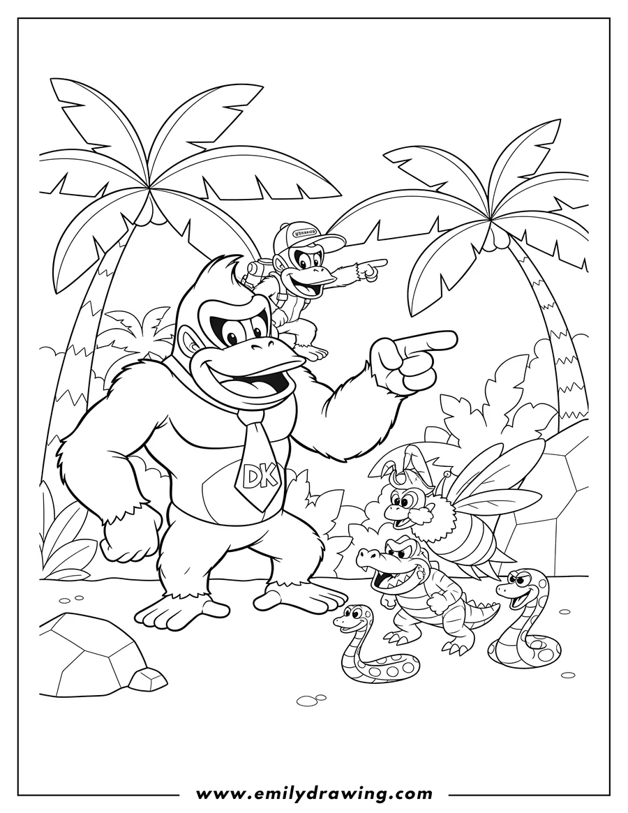 Printable line art of donkey Kong and Diddy Kong pointing at jungle enemies in Kongo Jungle To Color