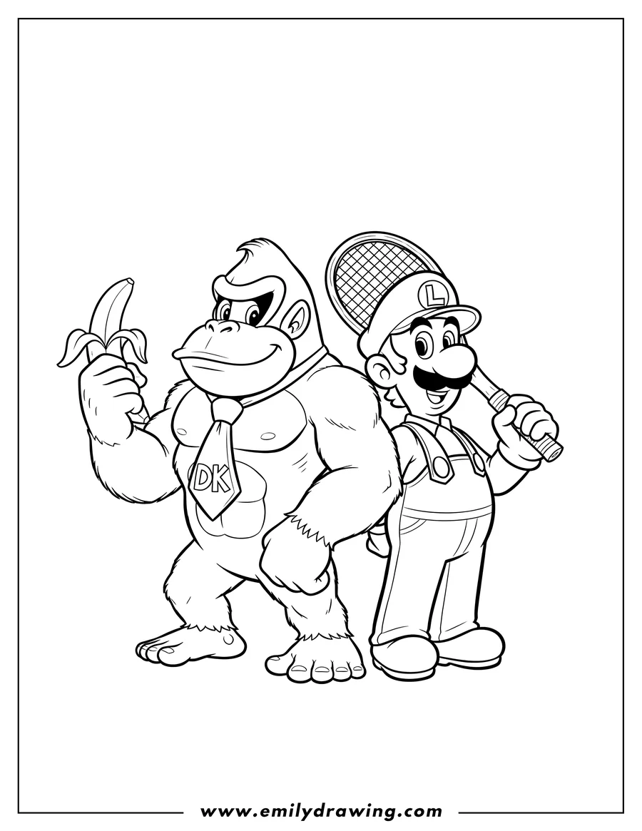 Full page coloring image of donkey Kong And Luigi Back To Back, Donkey Kong holding a banana and Luigi holding a tennis racket