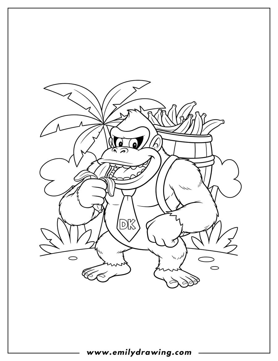 Coloring page for kids: donkey Kong carrying bananas in a barrel backpack while eating one