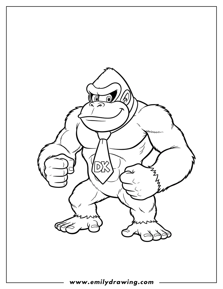 Coloring page of donkey Kong clenching his fists, wearing his DK tie