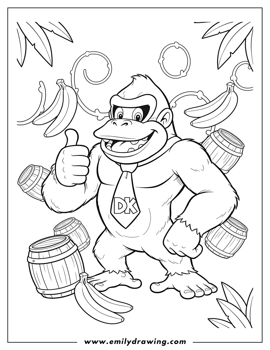 Downloadable coloring page of donkey Kong giving a thumbs up and smiling, with bananas and barrels, to color