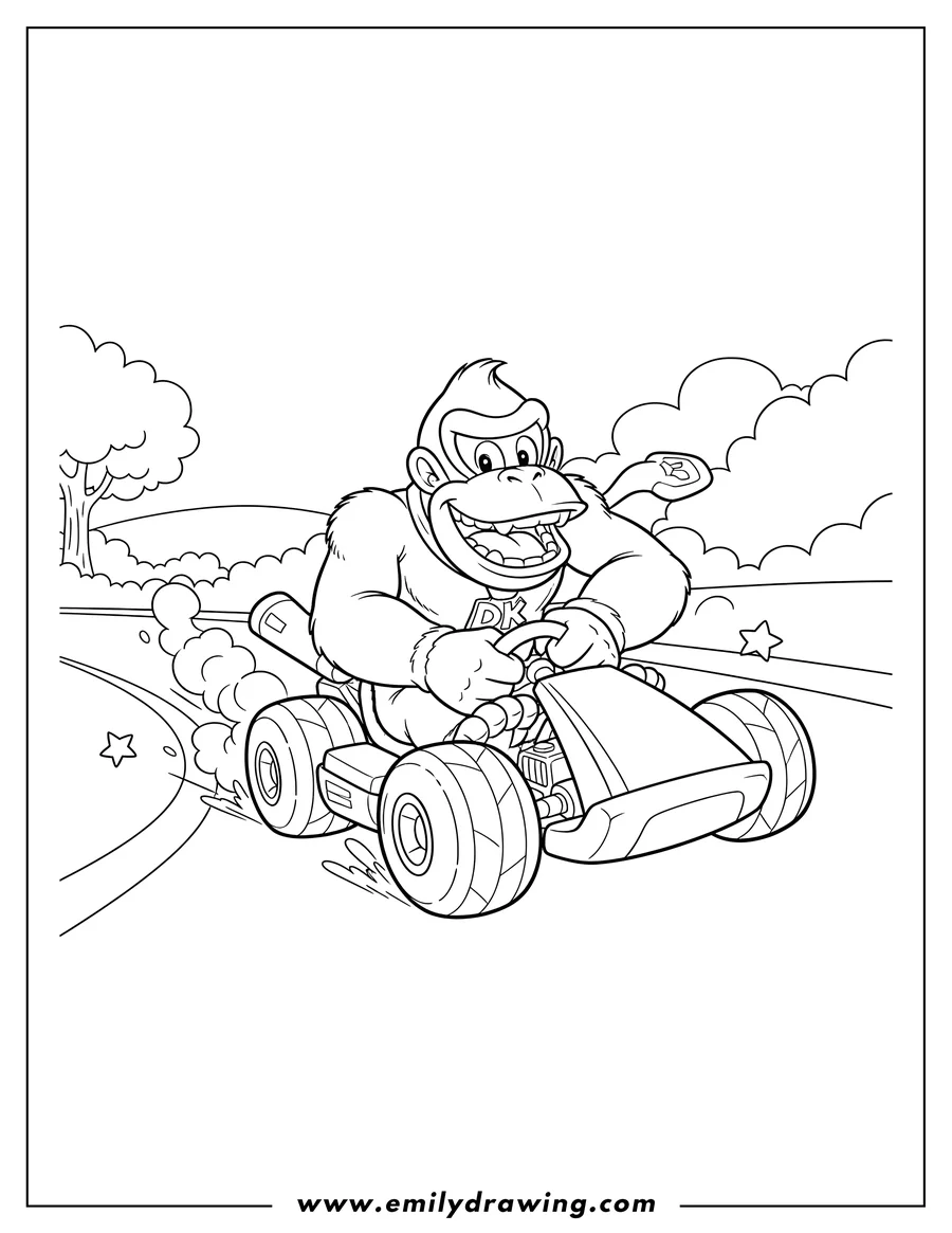 Black and white line art of donkey Kong smiling, racing his kart, from Mario Kart, to color