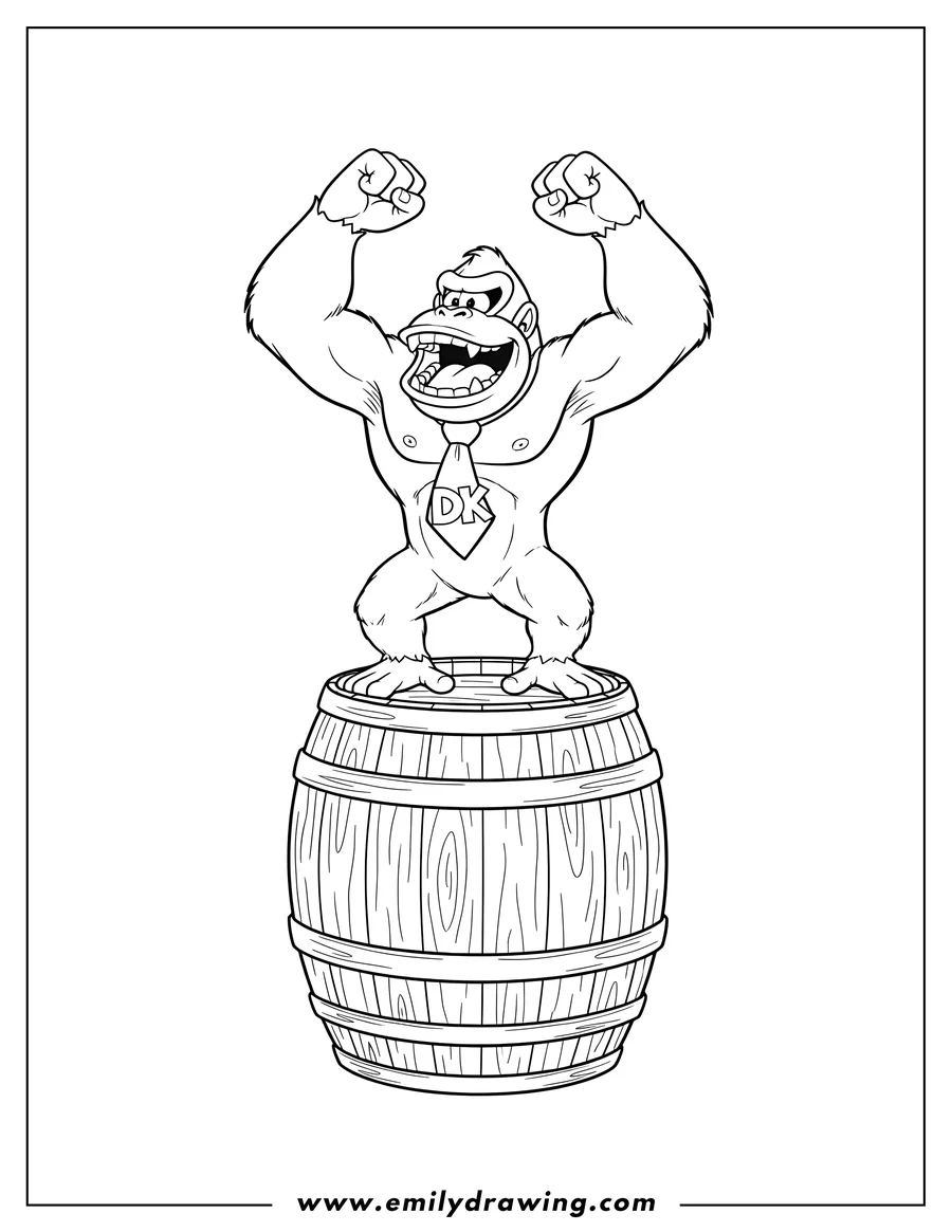 Full page coloring image of donkey Kong roaring triumphantly with raised fists and his signature 'DK' tie, standing on a barrel
