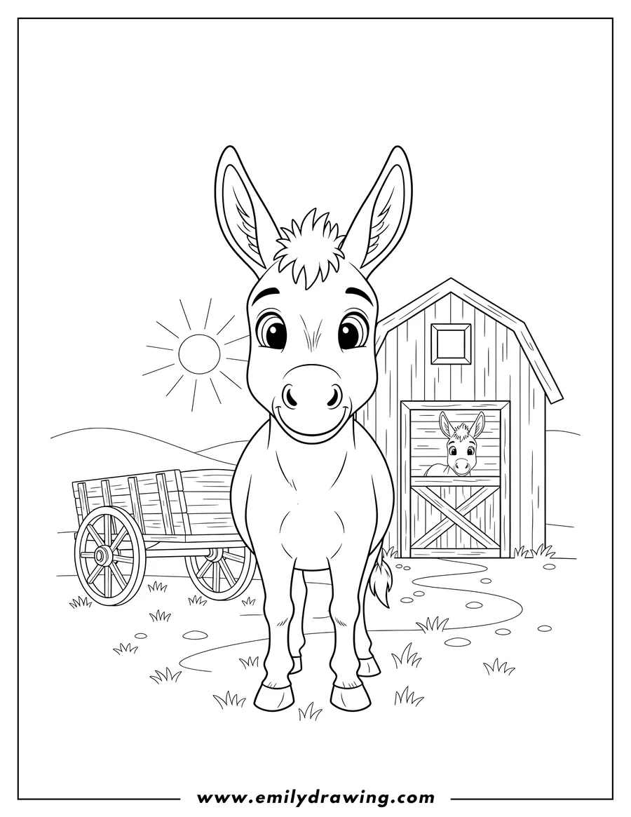 High quality printable donkey standing facing the viewer, near a barn with a smaller donkey inside, and a wooden cart for coloring