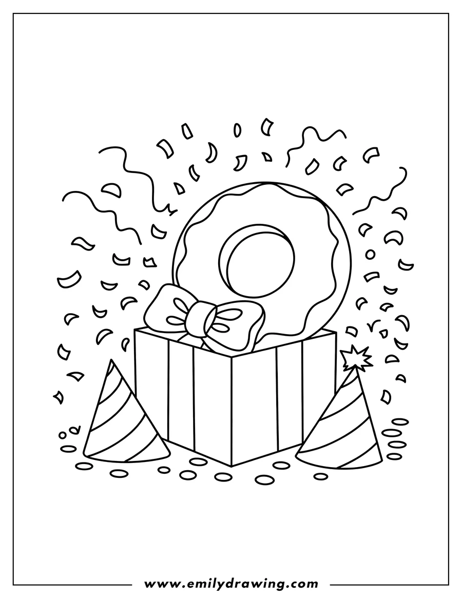 Black and white line art of donut