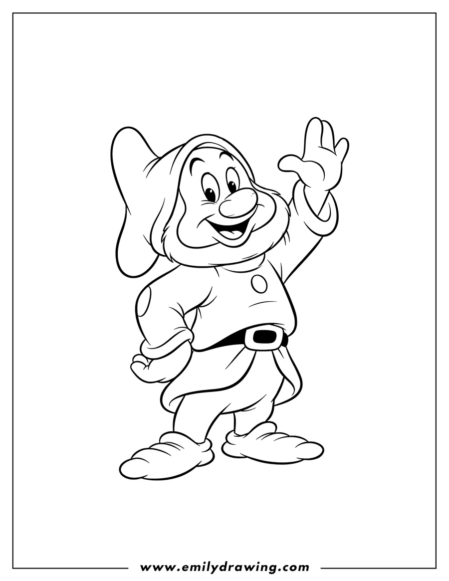 Coloring page of dopey Dwarf smiling and waving
