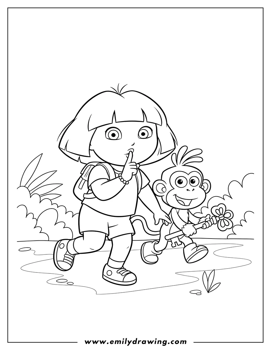 Doodle style coloring picture of dora and Boots quietly creeping, Dora with a finger to her lips, and Boots holding a key