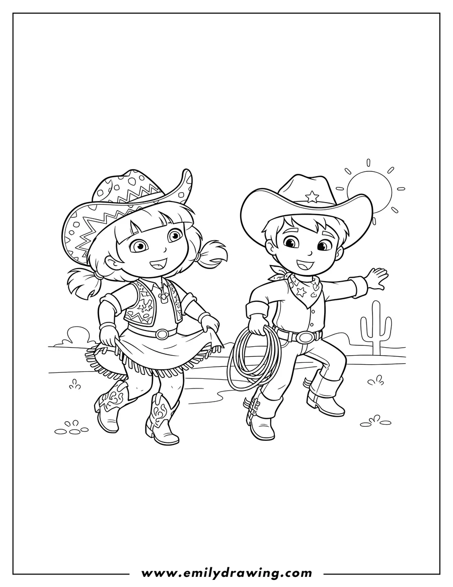 Free printable coloring sheet of dora and Diego dressed as cowboy and cowgirl, Diego holding a lasso, both dancing and smiling