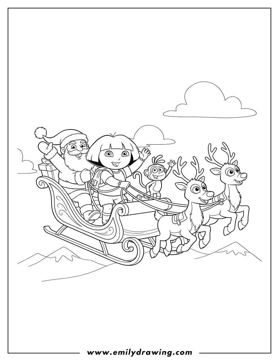 Printable coloring page of dora, Boots, and Santa riding in a sleigh, waving