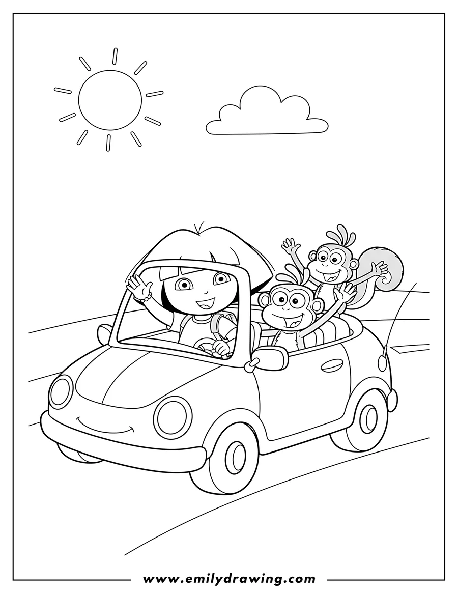 Coloring page for kids: dora, Boots, and Tico happily waving from a car