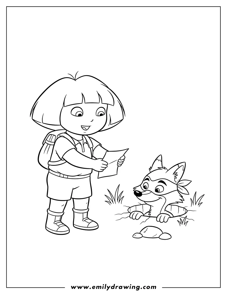 Linear illustration of dora giving a note to Swiper who is peeking out of a hole in the ground