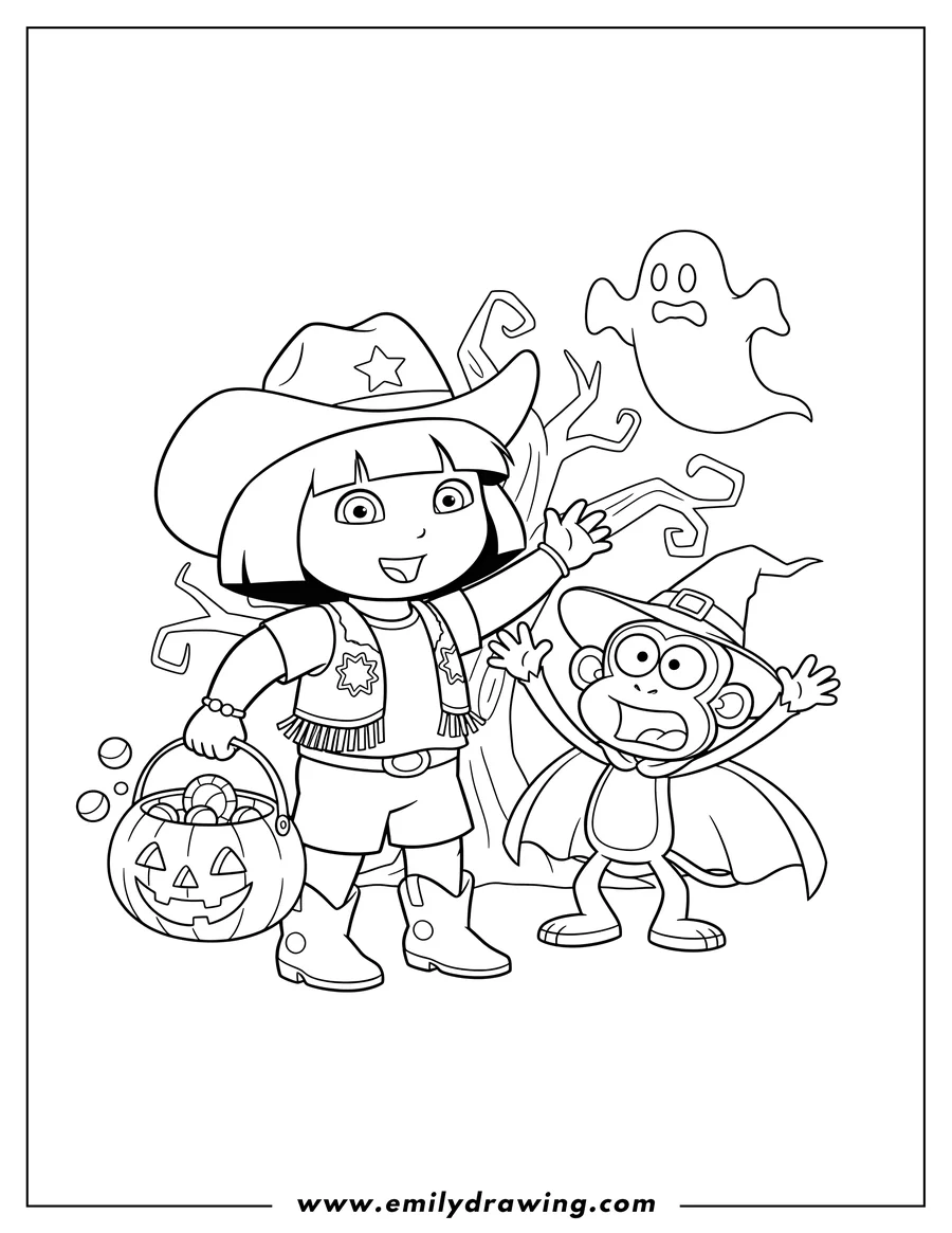 Coloring sheet featuring dora in a cowboy hat and a surprised Boots trick-or-treating with a pumpkin bucket for Halloween