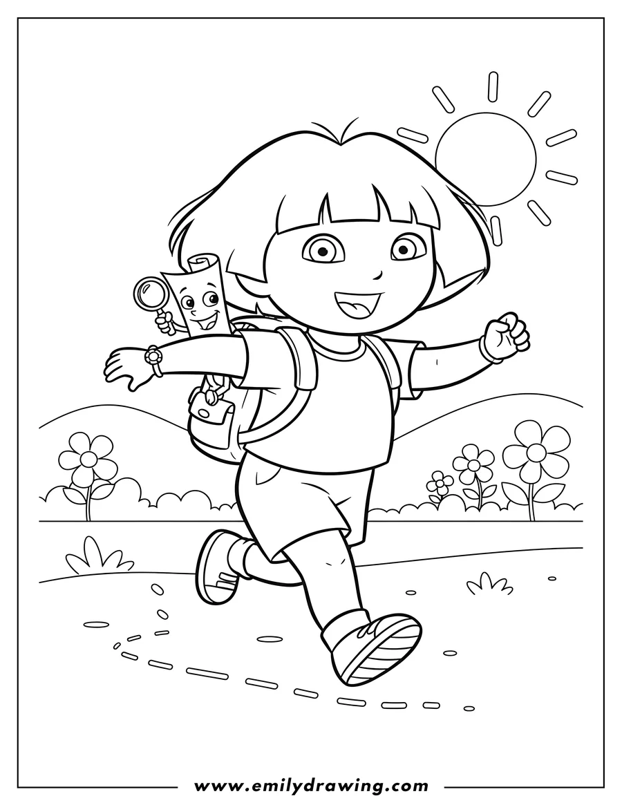 Simple sketch of dora smiling and running with her smiling backpack, with Map peeking out to color