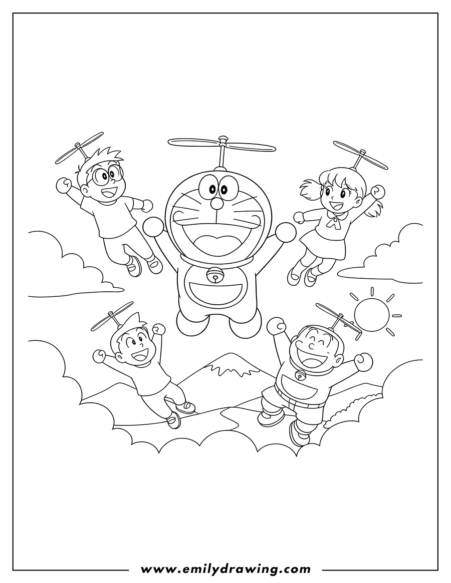 Free to print drawing of doraemon Tv: Doraemon and friends flying with take-copters