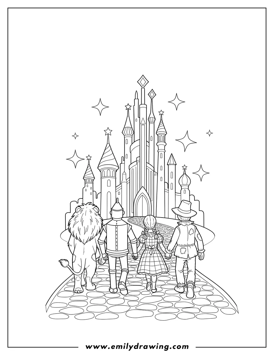 Outline drawing of dorothy and friends walking, seen from behind, towards the sparkling Emerald City