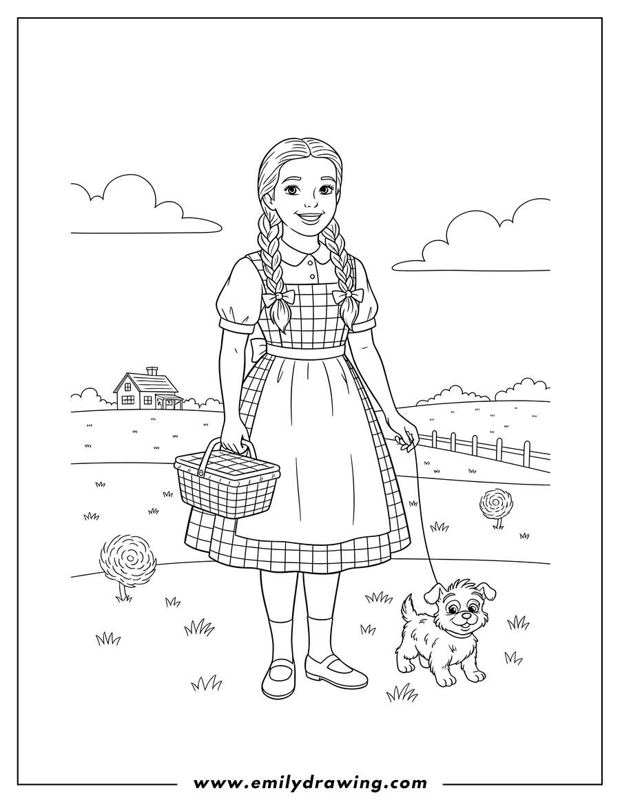 Linear illustration of dorothy Gale with braided pigtails, holding a basket, walking in Kansas