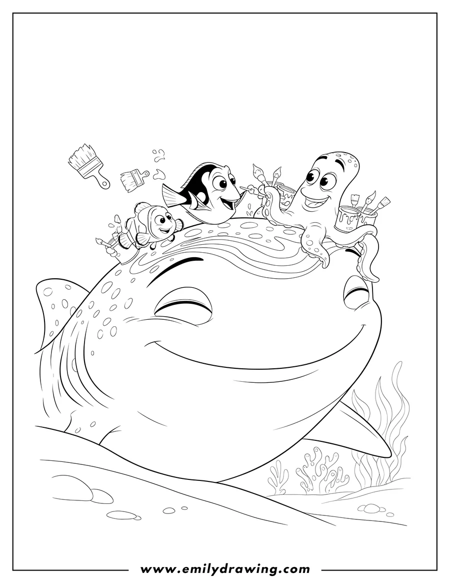 Vector style outline of adorable Finding Dory painting on Destiny's head with Nemo and Hank