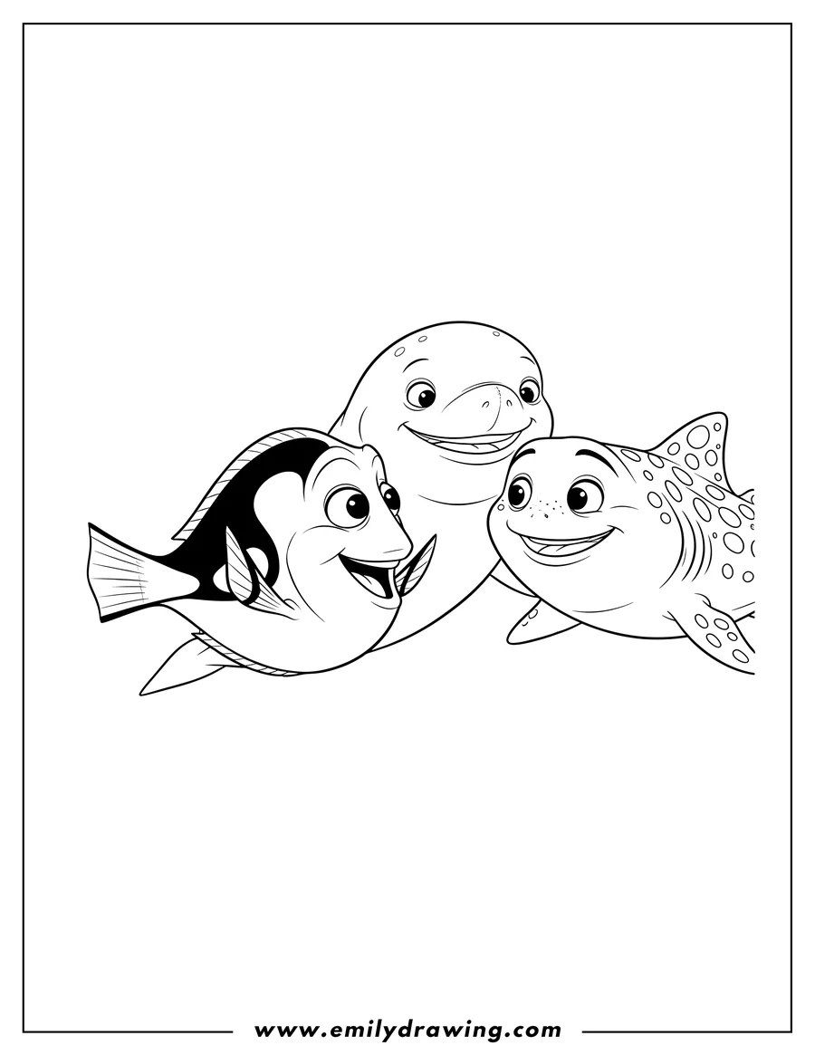 Printable coloring page of dory talking to two smiling whales, Bailey and Destiny