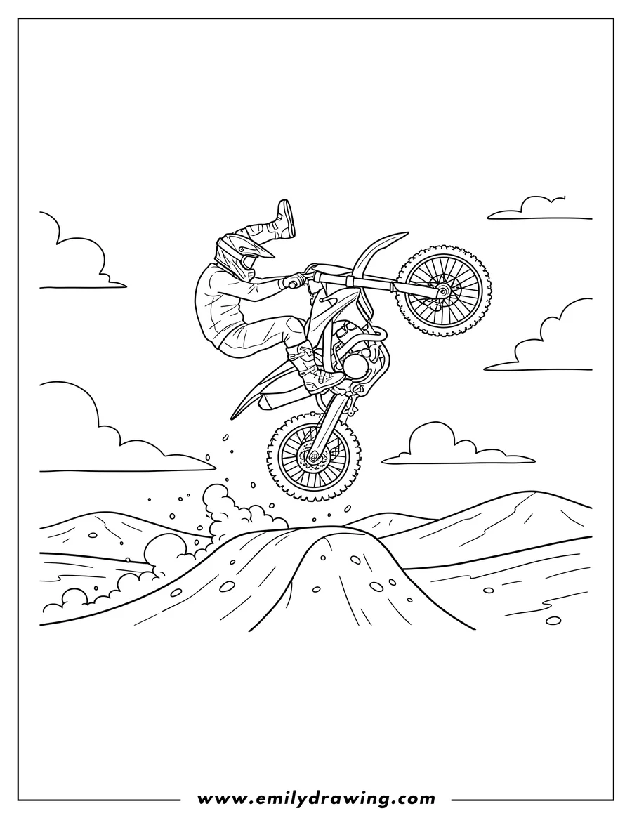 Full page coloring image of double Hart Attack Trick On Dirt Bike with rider upside down