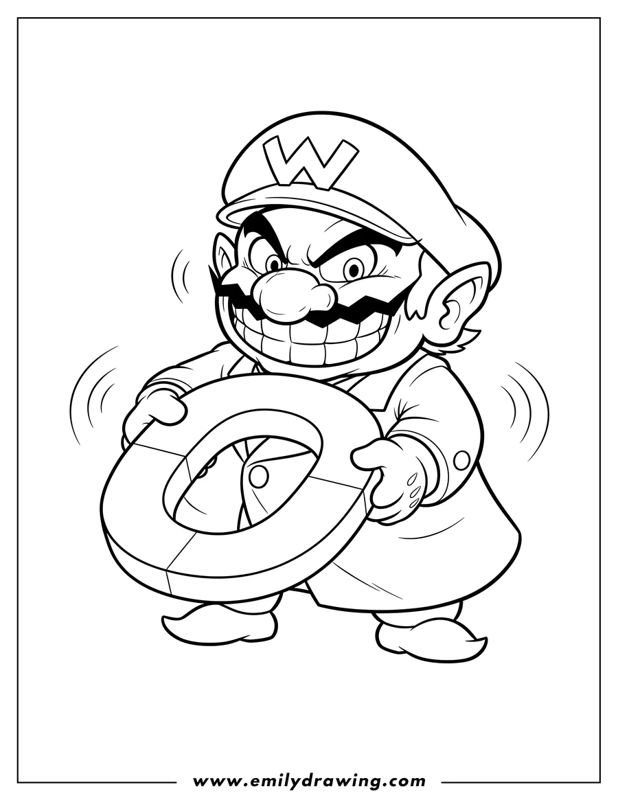 Linear illustration of dr. Baby Wario smiling, wearing a W hat, and holding a large horseshoe magnet